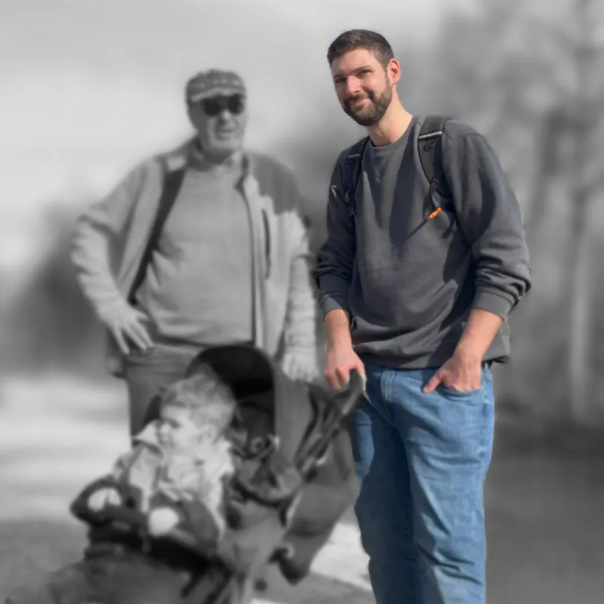 Drei Generationen beim Spaziergang: Großvater, Roman Walner und sein Sohn im Kinderwagen