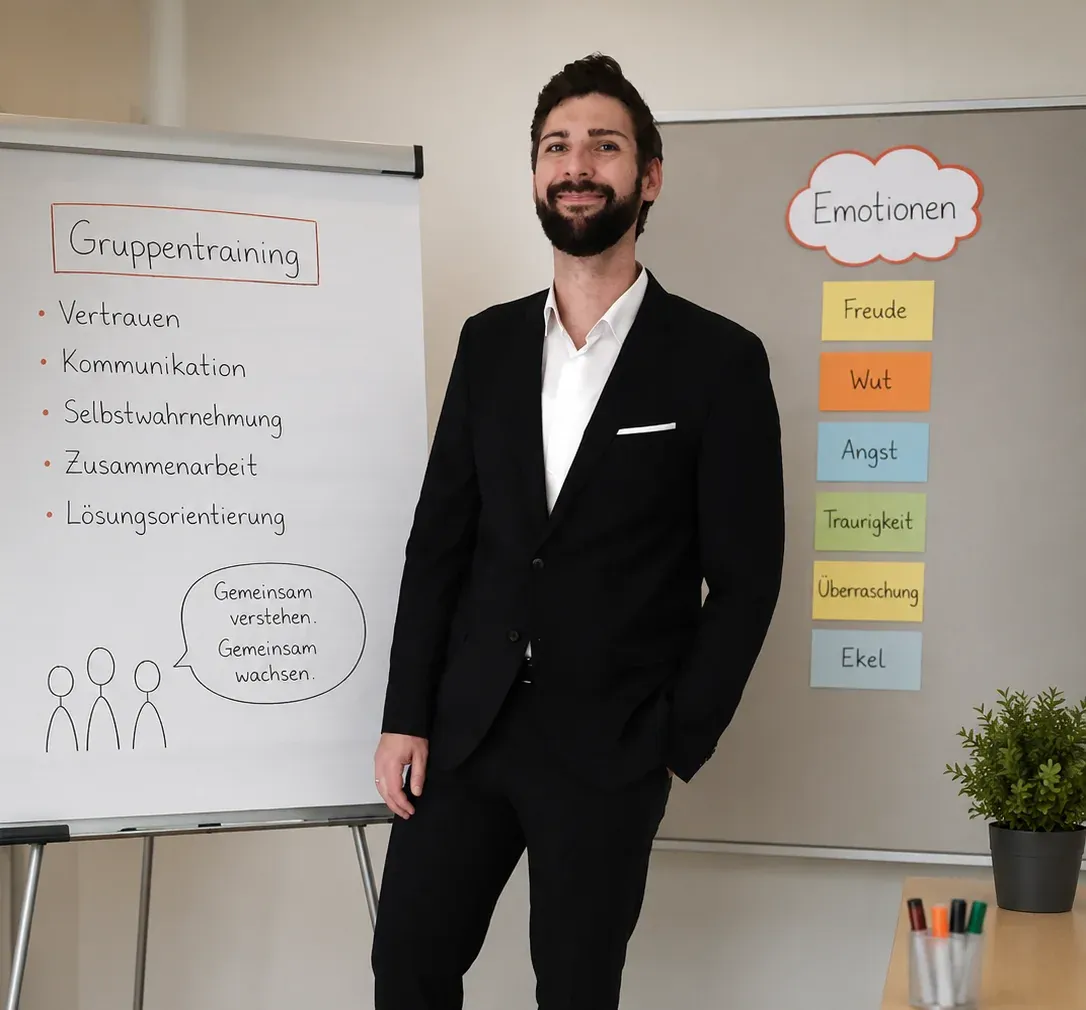Roman Walner im Seminarraum vor einem Flipchart zum Gruppentraining, daneben eine Tafel mit Emotionskarten